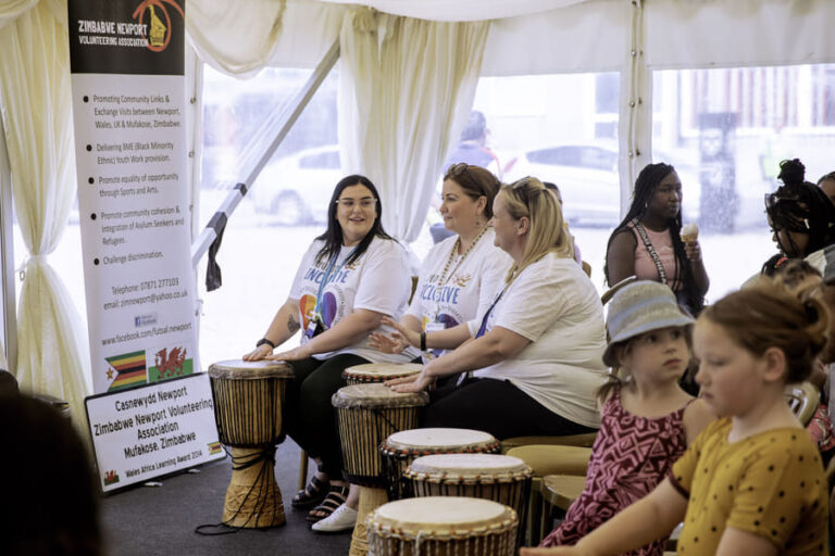 A drumming workshop under the marquee at ZNVA's Africa Day event
