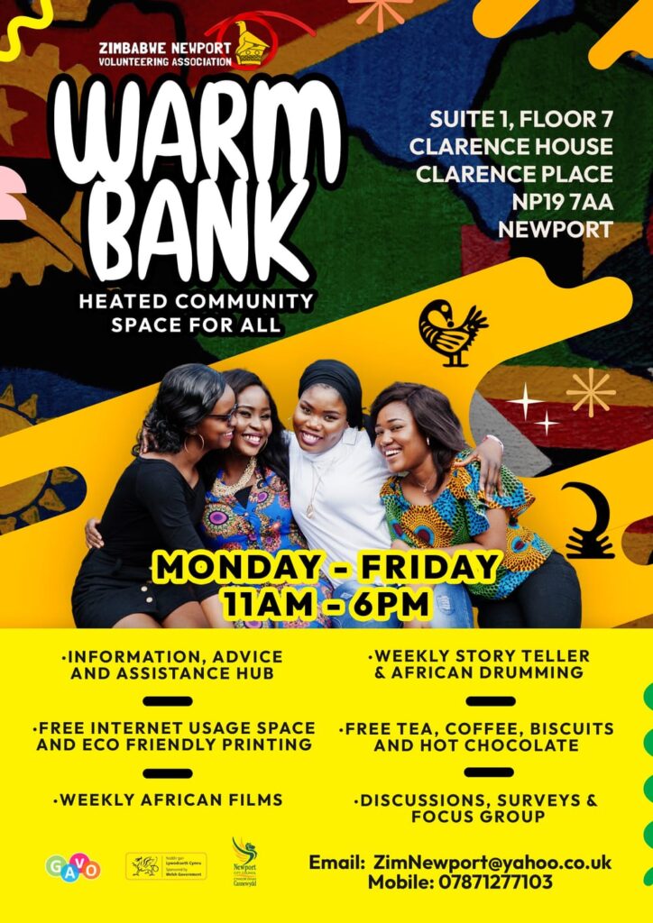 ZNVA Warm Bank poster listing opening hours and the services offered